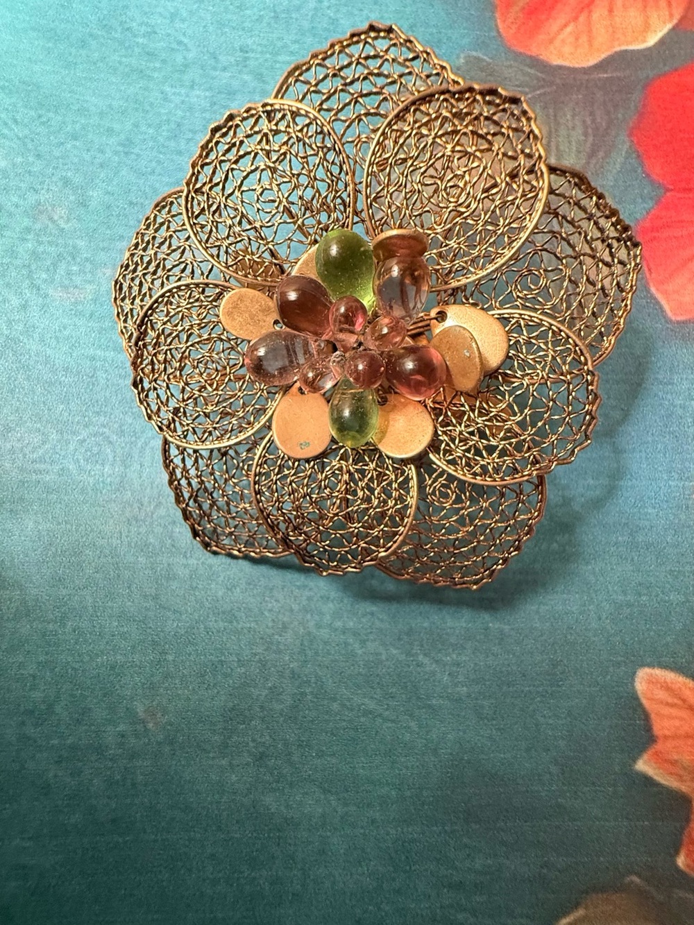 Vintage Floral Filigree Brooch with Green and Pink Glass Beads